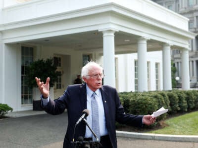 Sen. Bernie Sanders speaks to the media outside of the White House on July 17, 2023 in Washington, D.C.