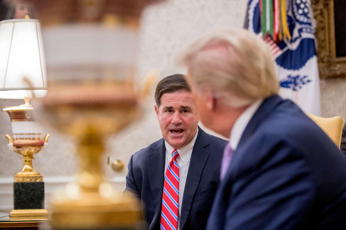 President Donald Trump meets with Arizona Gov. Doug Ducey in the Oval Office of the White House in Washington, D.C., on August 5, 2020.