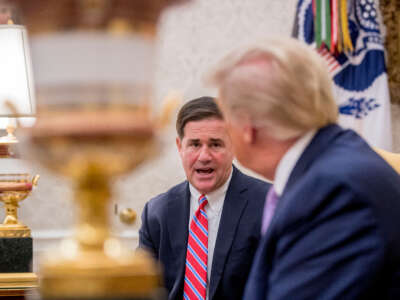 President Donald Trump meets with Arizona Gov. Doug Ducey in the Oval Office of the White House in Washington, D.C., on August 5, 2020.