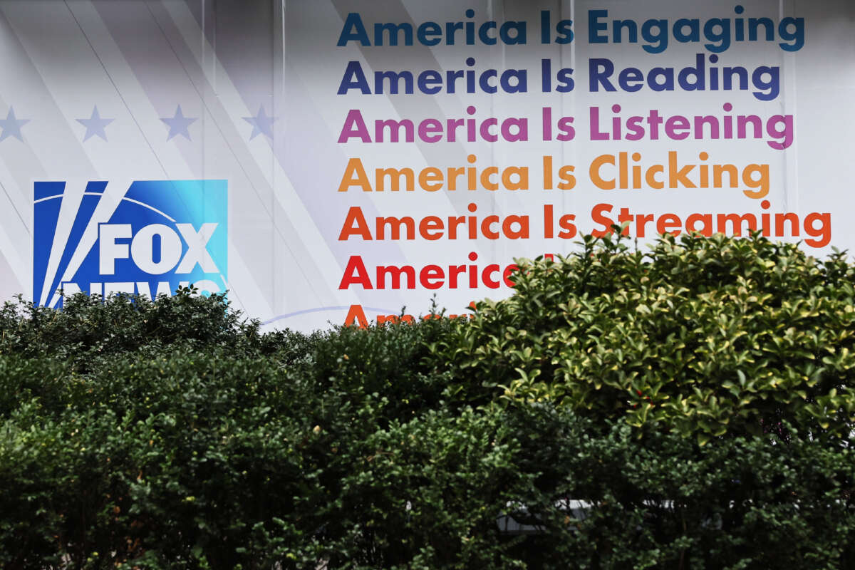 The logos for Fox programs are displayed on the News Corp. building on January 25, 2023, in New York City.