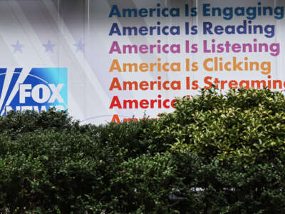 The logos for Fox programs are displayed on the News Corp. building on January 25, 2023, in New York City.