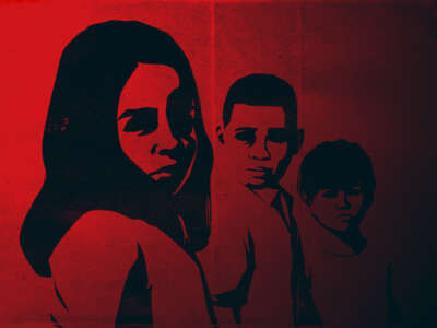 Illustration of children in stark lighting, red backdrop