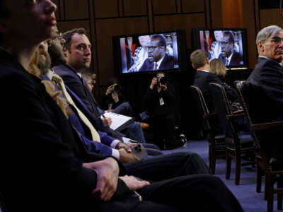 A video from Supreme Court Associate Justice Clarence Thomas' 1991 confirmation is played during a Senate Judiciary Committee hearing where witnesses testified about Supreme Court ethics reform in the Hart Senate Office Building on Capitol Hill on May 2, 2023, in Washington, D.C.