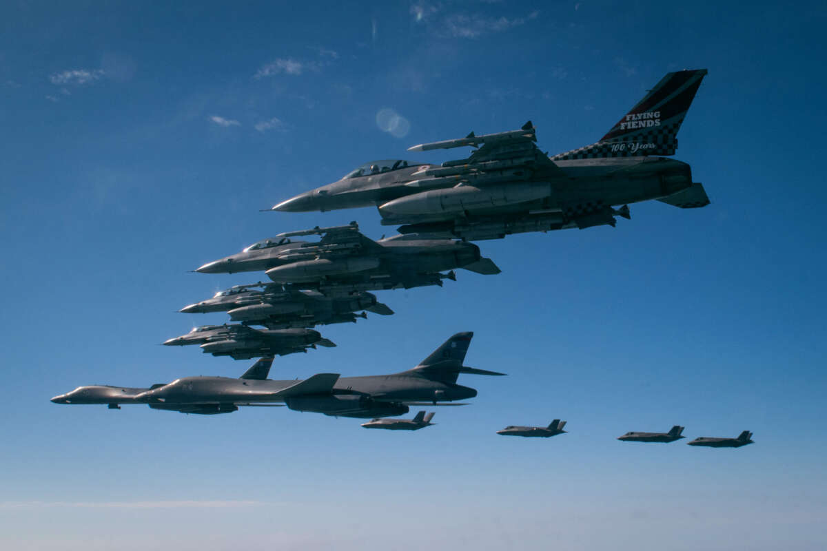 Air Force F-16s and South Korean F-35As escort two B-1B strategic bombers entering the Korean Air Defense Identification Zone on November 19, 2022.