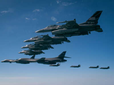 Air Force F-16s and South Korean F-35As escort two B-1B strategic bombers entering the Korean Air Defense Identification Zone on November 19, 2022.