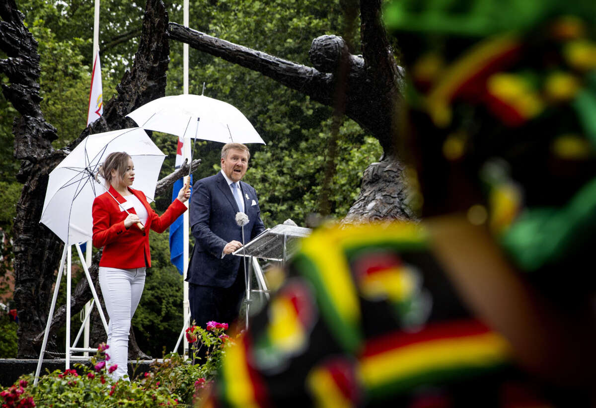 King of the Netherlands Willem-Alexander (center) delivers a speech during the National Remembrance Day of Slavery in Oosterpark, Amsterdam, on July 1, 2023.