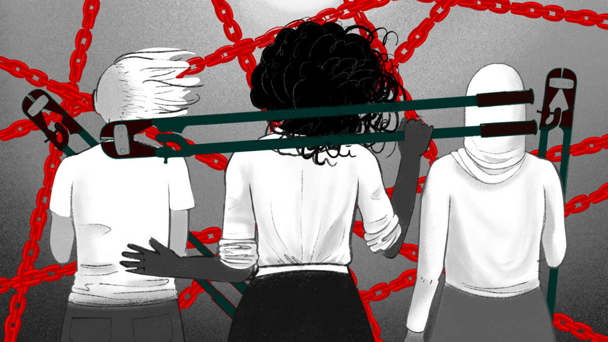 An illustration of three prison abolitionists - one with partially shaved hair, one a black woman, and one a Muslim woman in a hijab, stand beside oneanother holding bold cutters. Their faces are turned away from the viewer, gazing instead at a tangle of red chains that are keeping them - and us- from the sun beyond.