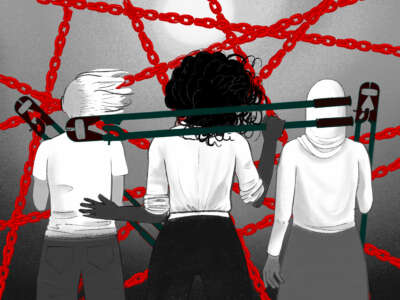 An illustration of three prison abolitionists - one with partially shaved hair, one a black woman, and one a Muslim woman in a hijab, stand beside oneanother holding bold cutters. Their faces are turned away from the viewer, gazing instead at a tangle of red chains that are keeping them - and us- from the sun beyond.