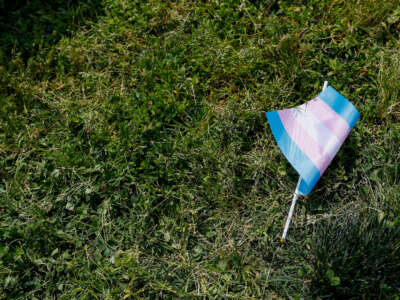A transgender flag sits on the grass during the 'Trans Youth Prom' outside of the U.S. Capitol building on May 22, 2023, in Washington, D.C.