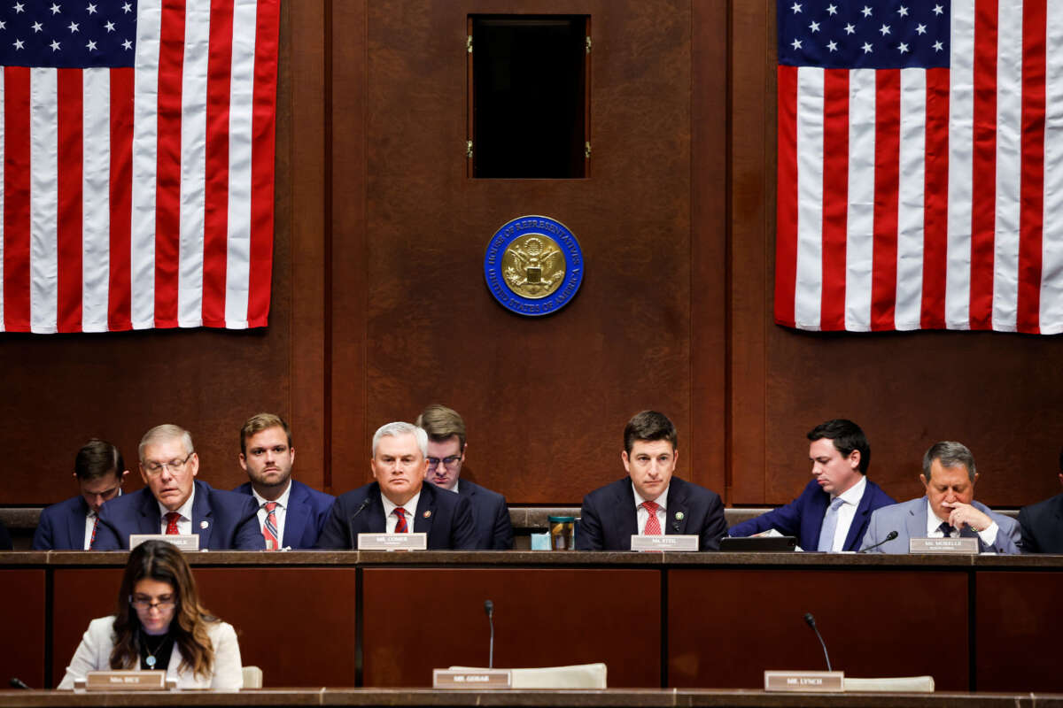 (L-R) Rep. Barry Loudermilk, House Oversight and Accountability Committee Chairman James Comer, House Committee on House Administration Chairman Bryan Steil and House Committee on House Administration Ranking Member Joe Morelle look on during a joint committee hearing with the House Committee on Oversight and Accountability and House Committee on House Administration at the U.S. Capitol Building on June 7, 2023, in Washington, D.C. The joint hearing was held to discuss reforms in voting laws in the District of Columbia.