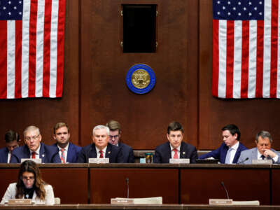 (L-R) Rep. Barry Loudermilk, House Oversight and Accountability Committee Chairman James Comer, House Committee on House Administration Chairman Bryan Steil and House Committee on House Administration Ranking Member Joe Morelle look on during a joint committee hearing with the House Committee on Oversight and Accountability and House Committee on House Administration at the U.S. Capitol Building on June 7, 2023, in Washington, D.C. The joint hearing was held to discuss reforms in voting laws in the District of Columbia.