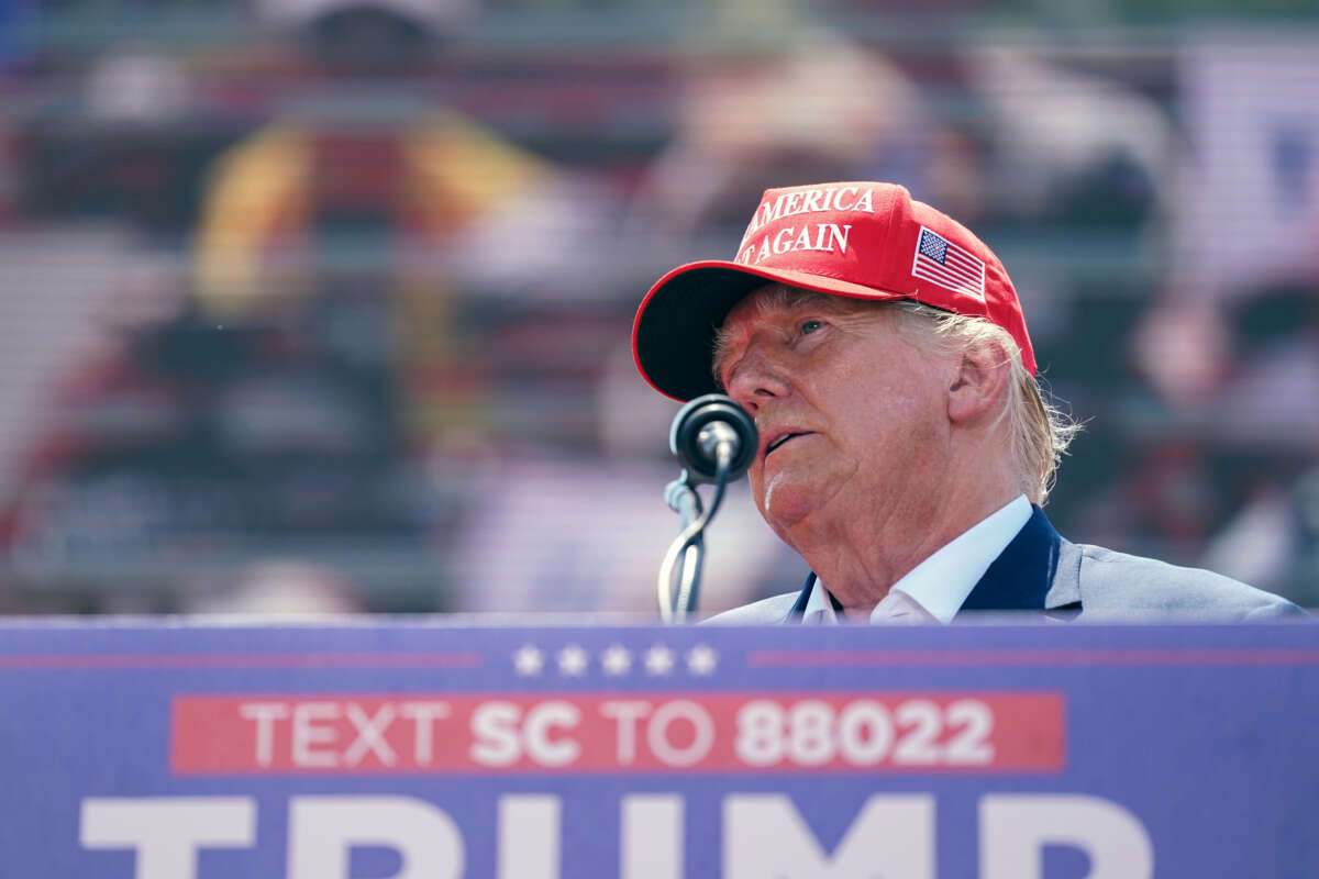 Former President Donald Trump speaks to crowd during a campaign event on July 1, 2023, in Pickens, South Carolina.
