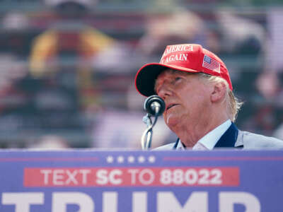 Former President Donald Trump speaks to crowd during a campaign event on July 1, 2023, in Pickens, South Carolina.