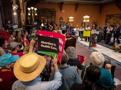 Abortion rights advocates and lawmakers hold a press conference before debate of a bill that would restrict abortions after six weeks, at the South Carolina State House in Columbia, South Carolina, on May 16, 2023.