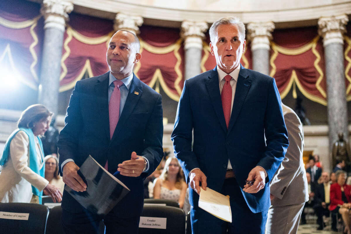 Speaker of the House Kevin McCarthy (right) and House Minority Leader Hakeem Jeffries arrive to the statue dedication and unveiling ceremony for author Willa Cather in the U.S. Capitol's Statuary Hall on Wednesday, June 7, 2023.