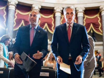 Speaker of the House Kevin McCarthy (right) and House Minority Leader Hakeem Jeffries arrive to the statue dedication and unveiling ceremony for author Willa Cather in the U.S. Capitol's Statuary Hall on Wednesday, June 7, 2023.
