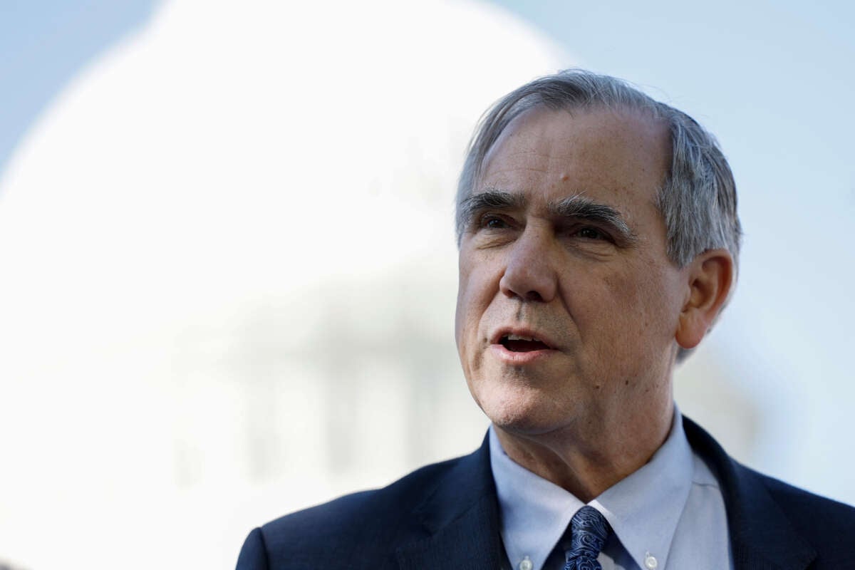 Sen. Jeff Merkley speaks at a press conference outside of the U.S. Capitol Building on April 18, 2023, in Washington, D.C.