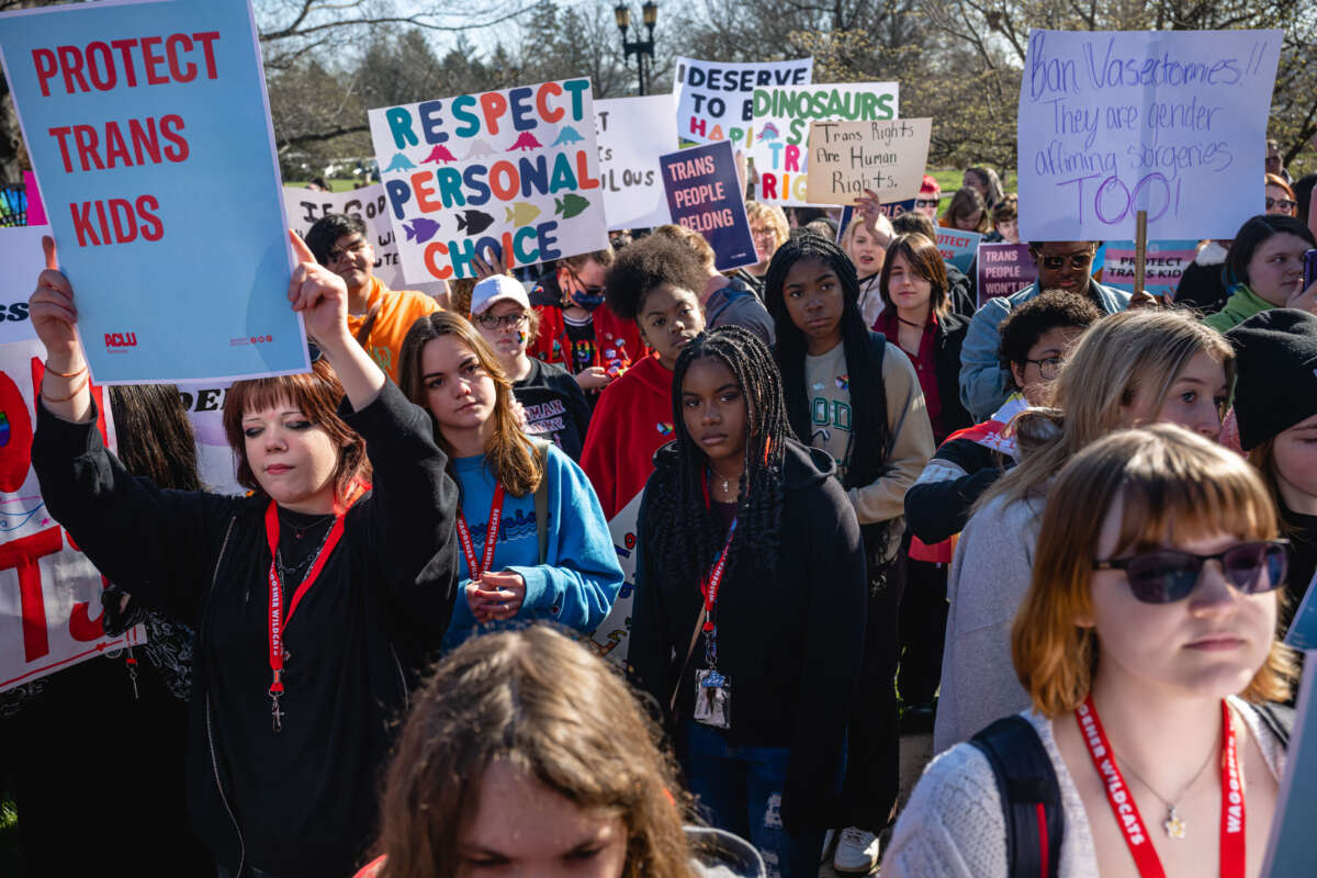 Demonstrators gather at a rally to protest the passing of SB 150 on March 29, 2023, at the Kentucky State Capitol in Frankfort, Kentucky.