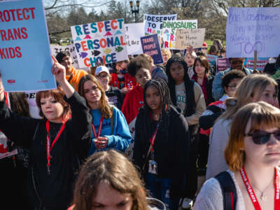 Demonstrators gather at a rally to protest the passing of SB 150 on March 29, 2023, at the Kentucky State Capitol in Frankfort, Kentucky.
