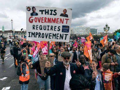 Teachers and trade unionists take part in a march through central London as members of National Union of Education (NEU) walk out in a strike action demanding fully funded, above inflation pay rise, in London, England, on July 5, 2023.