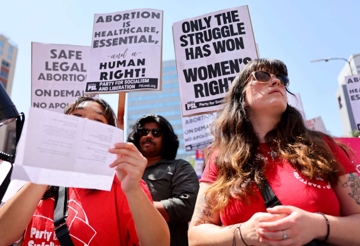Protestors demonstrate at the March for Reproductive Rights organized by Women’s March L.A. on April 15, 2023, in Los Angeles, California.