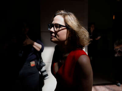 Sen. Kyrsten Sinema arrives at the U.S. Capitol Visitor Center on April 19, 2023, in Washington, D.C.