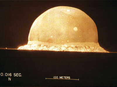 A photograph on display at The Bradbury Science Museum shows the first atomic bomb test on July 16, 1945, at Trinity Site in New Mexico.