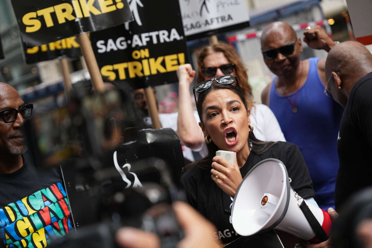 Rep. Alexandria Ocasio-Cortez joins the picket line as the SAG-AFTRA Actors Union Strike continues in front of Netflix on July 24, 2023, in New York City.