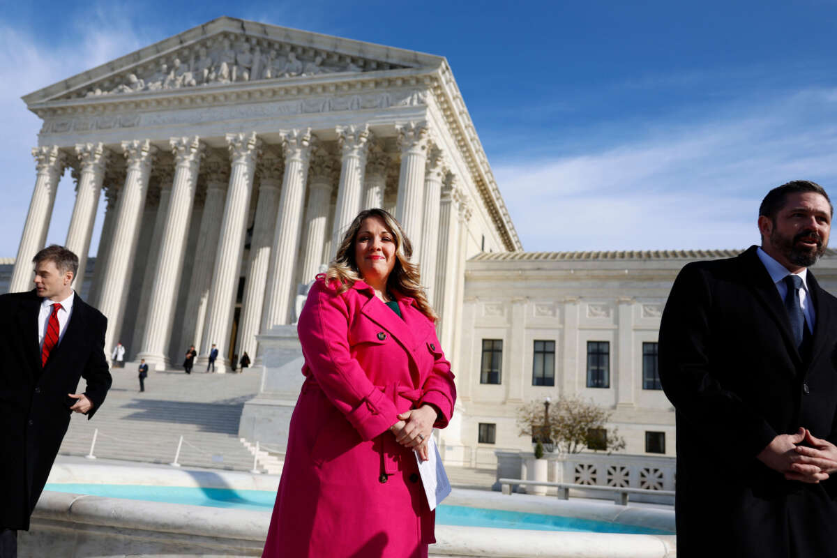 Lorie Smith, the owner of 303 Creative, a website design company in Colorado, arrives to speak to reporters outside of the U.S. Supreme Court Building on December 5, 2022, in Washington, D.C.