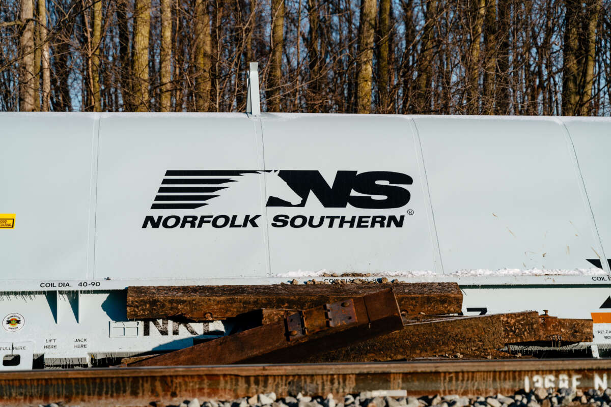 A derailed Norfolk Southern train car is pictured in Van Buren Township, Michigan, on February 18, 2023.