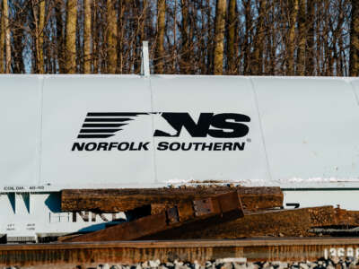 A derailed Norfolk Southern train car is pictured in Van Buren Township, Michigan, on February 18, 2023.