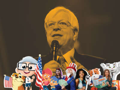 Conservative radio host Dennis Prager is pictured with characters from PragerU Kids content.