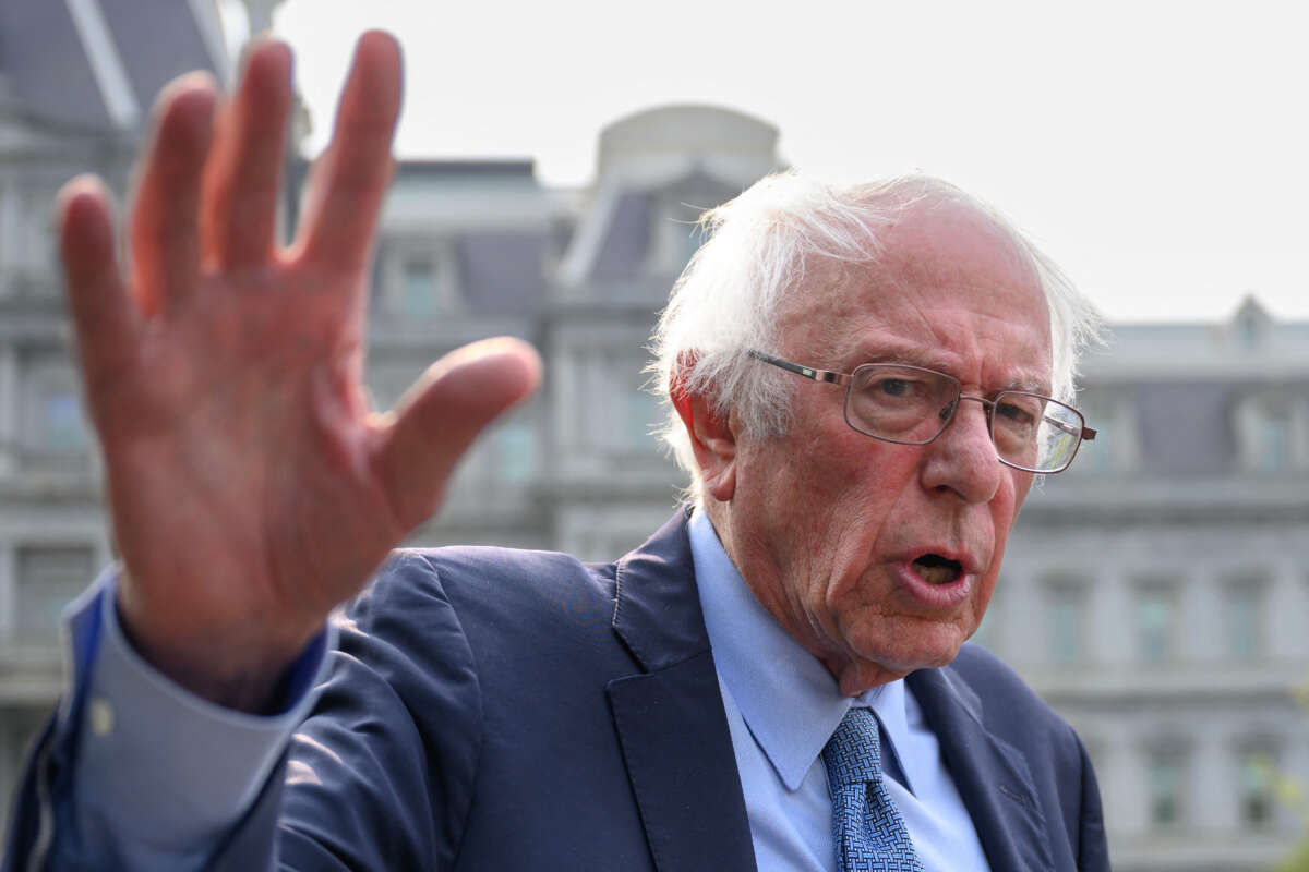 Sen. Bernie Sanders speaks outside of the West Wing at the White House in Washington, D.C., on July 17, 2023.