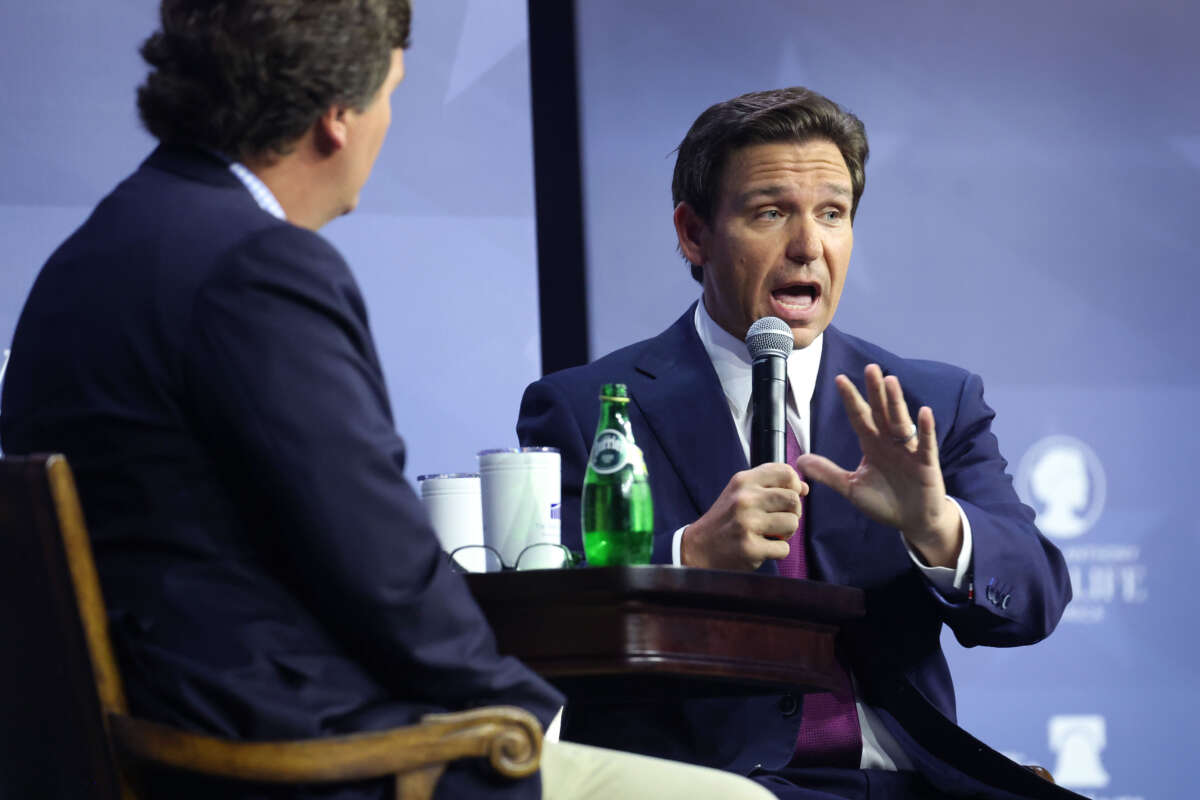Florida Governor Ron DeSantis speaks to guests at the Family Leadership Summit on July 14, 2023, in Des Moines, Iowa.