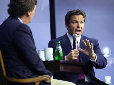 Florida Governor Ron DeSantis speaks to guests at the Family Leadership Summit on July 14, 2023, in Des Moines, Iowa.