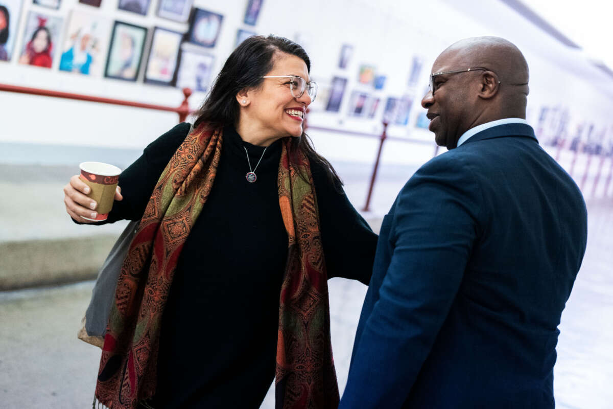 Reps. Rashida Tlaib and Jamaal Bowman are seen in the Cannon tunnel during a vote on November 30, 2022.