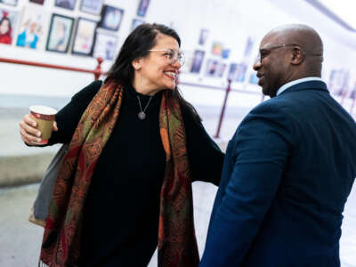 Reps. Rashida Tlaib and Jamaal Bowman are seen in the Cannon tunnel during a vote on November 30, 2022.