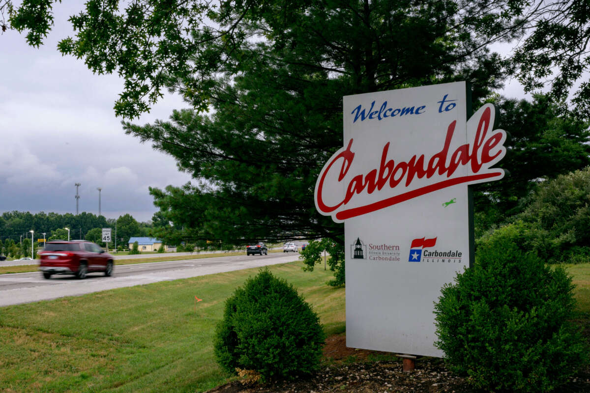 A Welcome to Carbondale sign is seen in Carbondale, Illinois, on June 26, 2022.