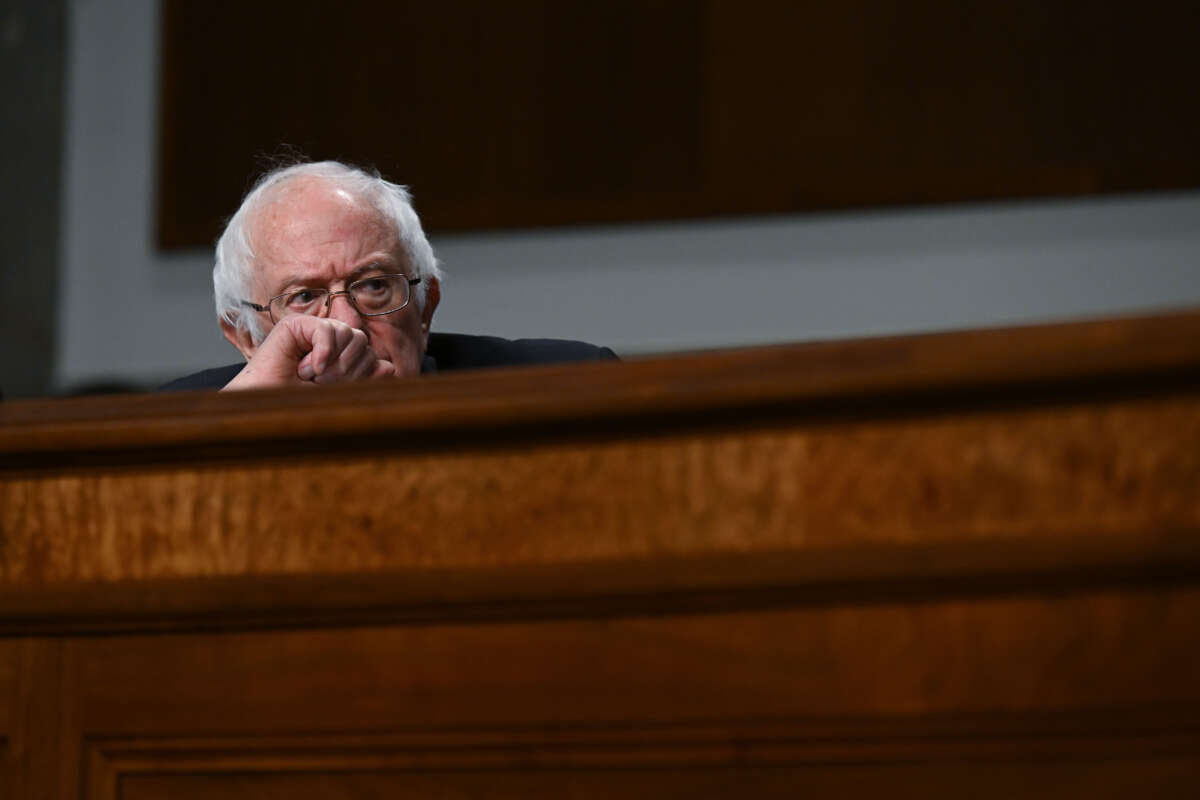 Sen. Bernie Sanders watches during a hearing at Dirksen Senate Office Building on March 29, 2023, in Washington, D.C.