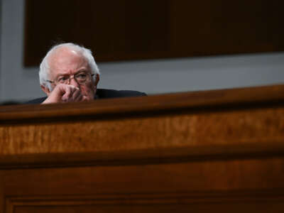 Sen. Bernie Sanders watches during a hearing at Dirksen Senate Office Building on March 29, 2023, in Washington, D.C.