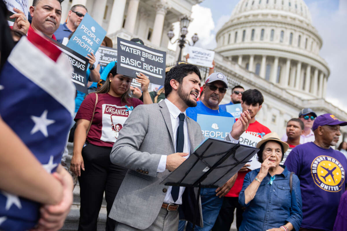 Rep. Greg Casar speaks during a Vigil and Thirst Strike for Workers' Rights on the House steps of the U.S. Capitol on July 25, 2023.