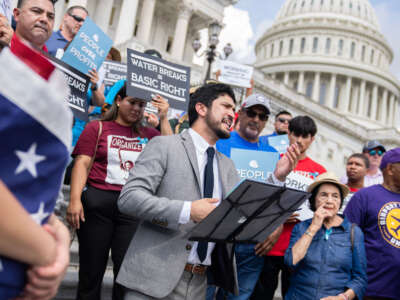 Rep. Greg Casar speaks during a Vigil and Thirst Strike for Workers' Rights on the House steps of the U.S. Capitol on July 25, 2023.