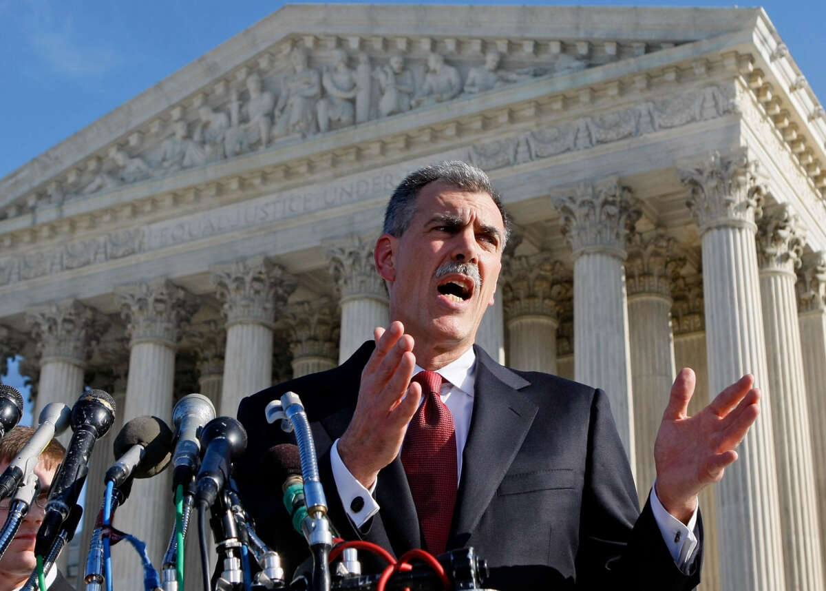Attorney Donald B. Verrilli, Jr. speaks in front of the U.S. Supreme Court after arguments on January 7, 2007, in Washington, D.C.
