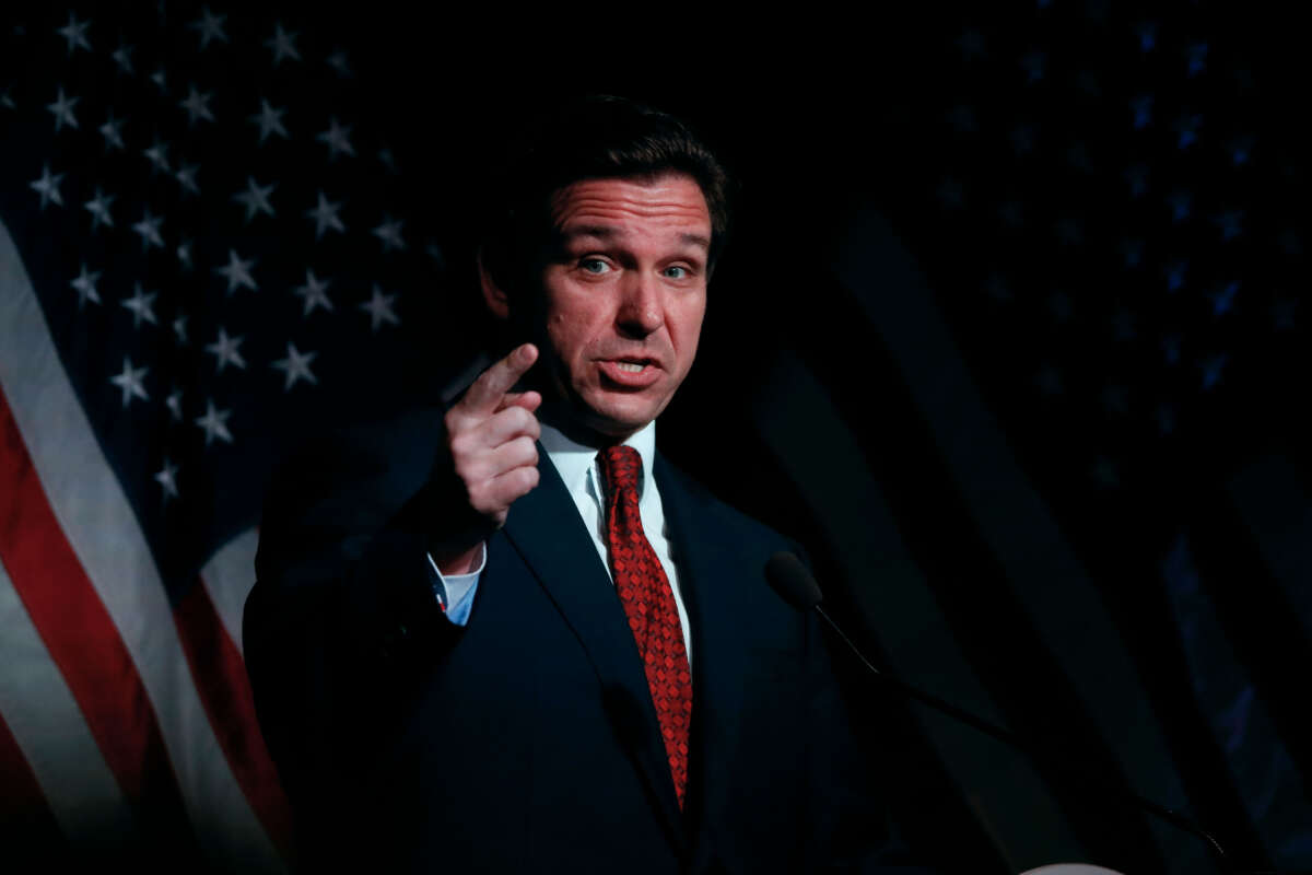 Florida Gov. Ron DeSantis speaks at the Midland County Republican Party Dave Camp Spring Breakfast on April 6, 2023, in Midland, Michigan.