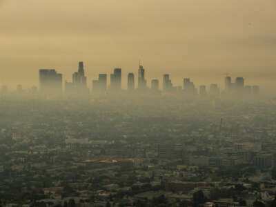 Smoke from Southern California wildfires drifts through the L.A. Basin, obscuring downtown skyscrapers on September 17, 2020 in Los Angeles, California.