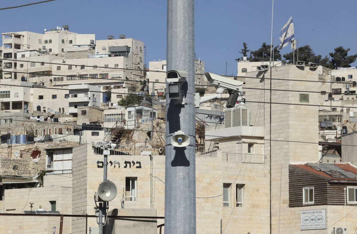 A surveillance camera is pictured at a checkpoint in the Palestinian city of Hebron on November 9, 2021.