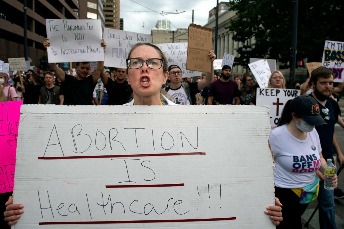 Doctor Kara Beasley protests the overturning of Roe Vs. Wade by the U.S. Supreme Court, in Denver, Colorado on June 24, 2022.