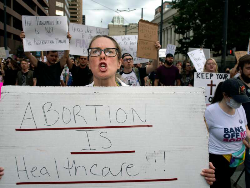 Doctor Kara Beasley protests the overturning of Roe Vs. Wade by the U.S. Supreme Court, in Denver, Colorado on June 24, 2022.