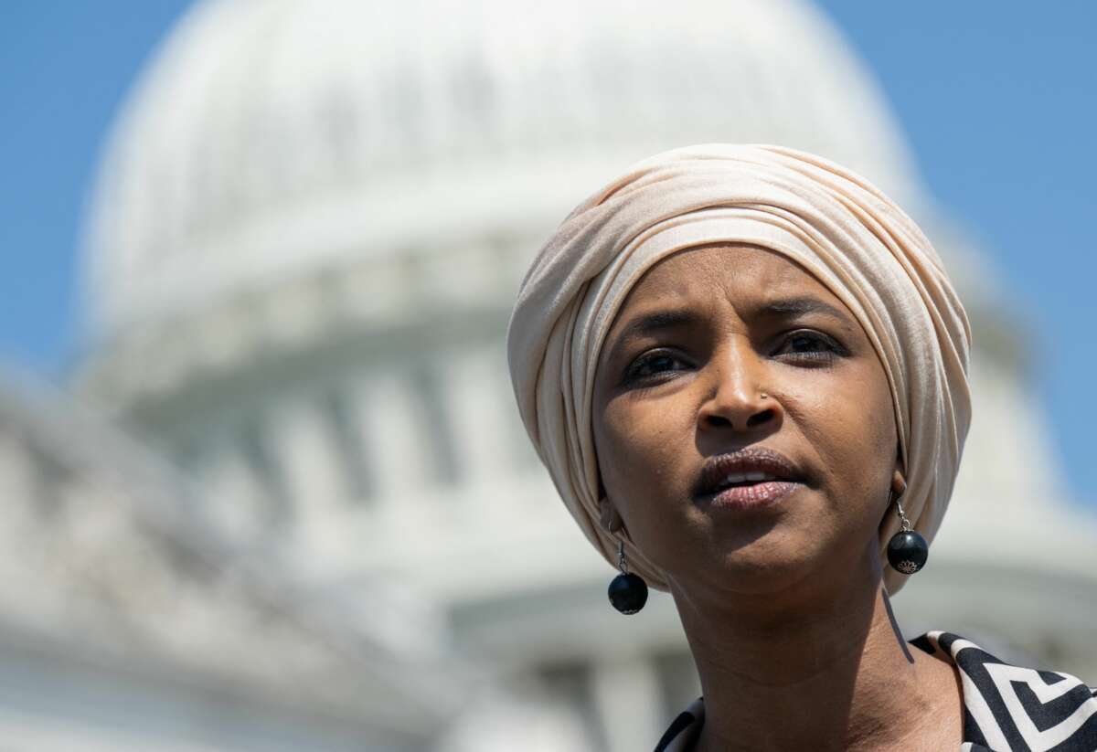U.S. Rep. Ilhan Omar speaks during a press conference with family members of Palestinian-American journalist Shireen Abu Akleh outside the U.S. Capitol in Washington, D.C., on May 18, 2023.