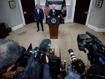 U.S. President Joe Biden is joined by Education Secretary Miguel Cardona as he announces new actions to protect borrowers after the Supreme Court struck down his student loan forgiveness plan at the White House on June 30, 2023, in Washington, D.C.